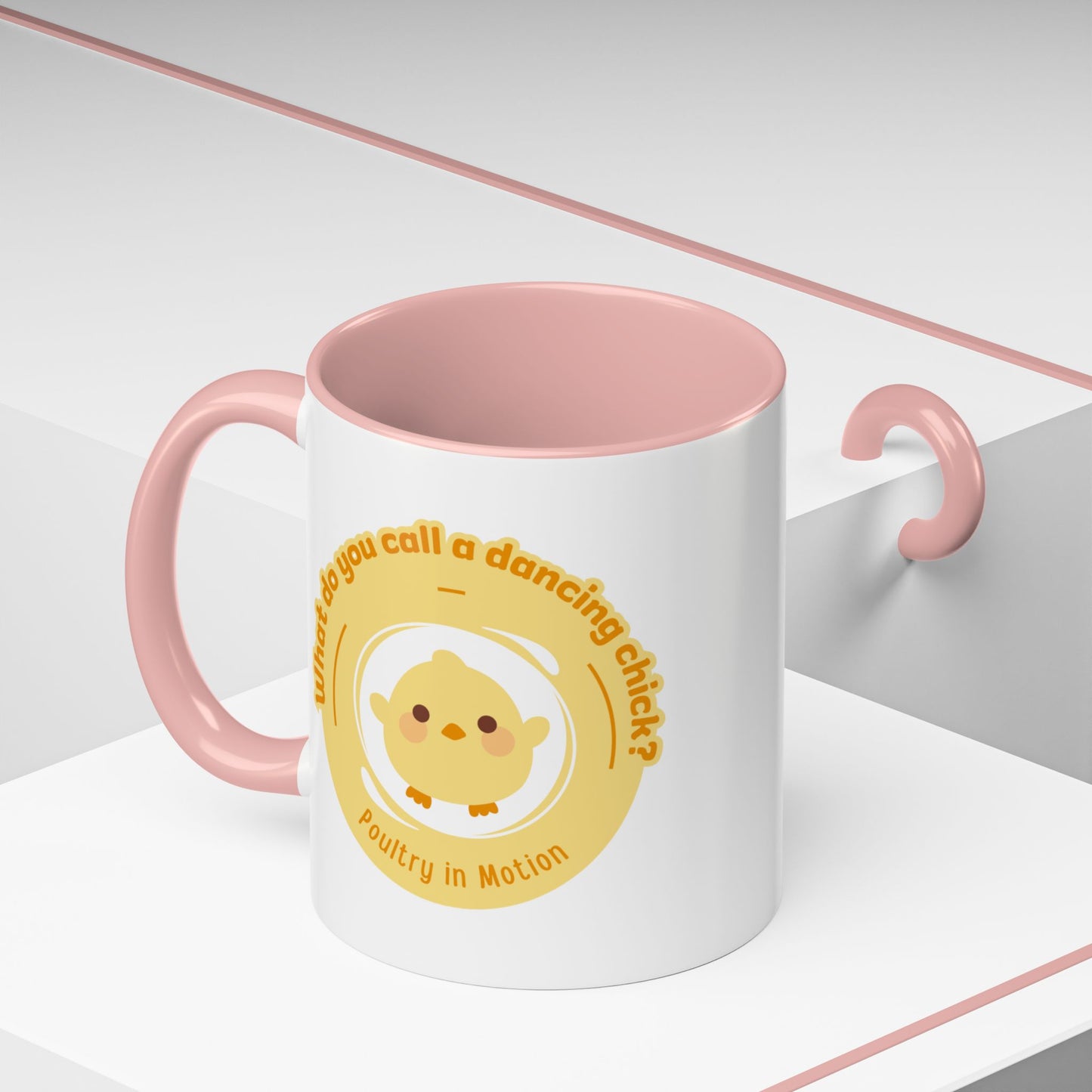 "What Do You Call a Dancing Chick? Poultry in Motion" Accent Coffee Mug – Funny Dance Pun Ceramic Mug for Dancers and Chick Enthusiasts