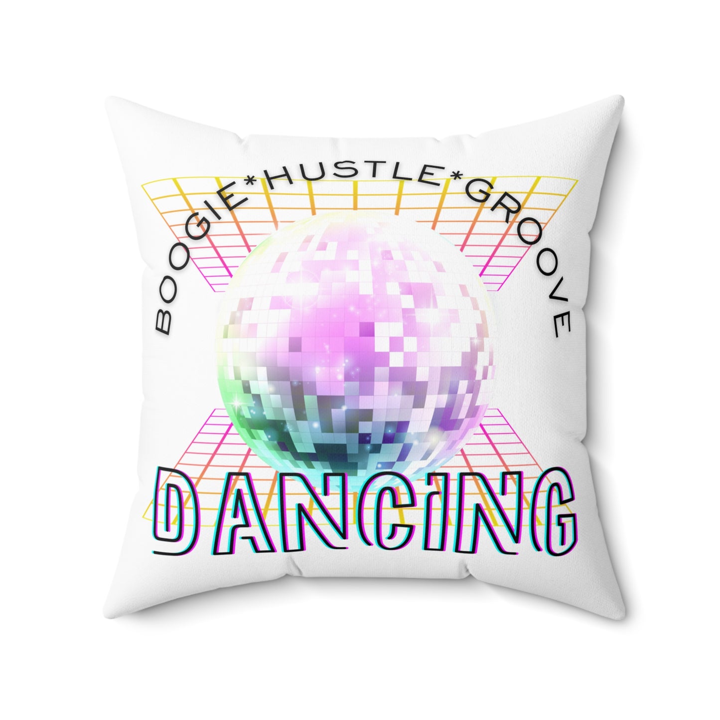 "Boogie Hustle Groove Dancing" Pillow – Retro 70s Disco Dance Square Throw Pillow with Funky Graphic