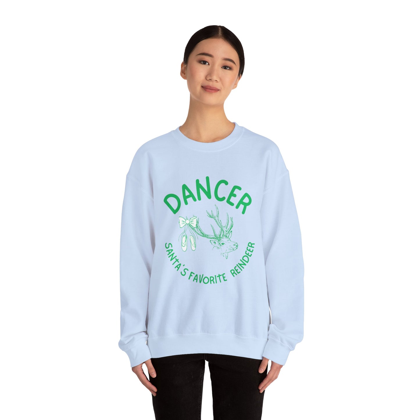 “Dancer, Santa’s Favorite Reindeer” ADULT SWEATSHIRT Unisex Heavy Blend Crewneck with Vintage Reindeer Graphic – Festive Christmas Dance Sweatshirt for Dancers & Holiday Events