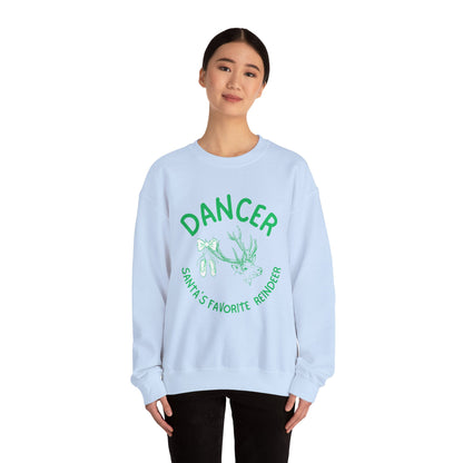 “Dancer, Santa’s Favorite Reindeer” ADULT SWEATSHIRT Unisex Heavy Blend Crewneck with Vintage Reindeer Graphic – Festive Christmas Dance Sweatshirt for Dancers & Holiday Events