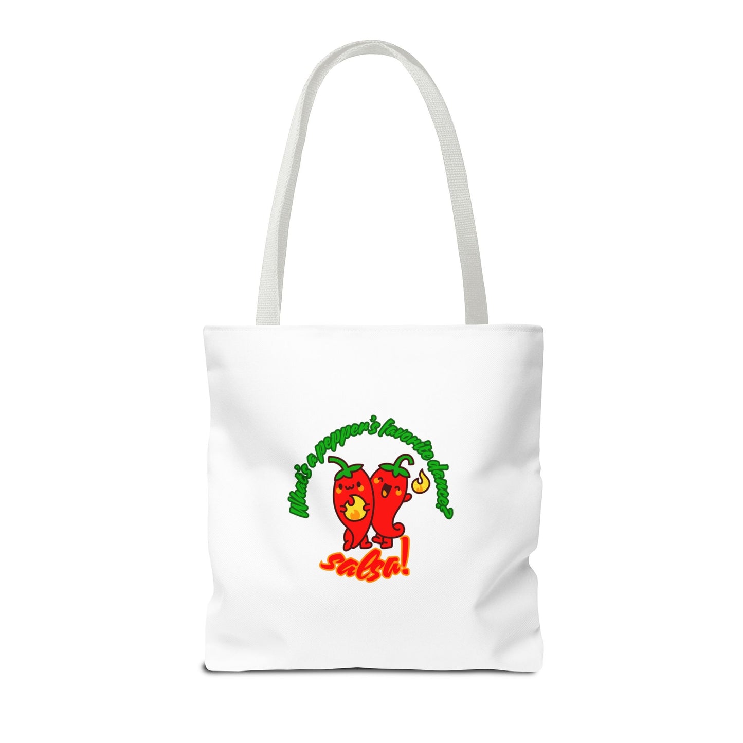 “What’s a Pepper’s Favorite Dance? Salsa!” Salsa Dance Pun Tote Bag – Funny Kawaii Pepper Graphic Canvas Bag for Dancers & Food Lovers