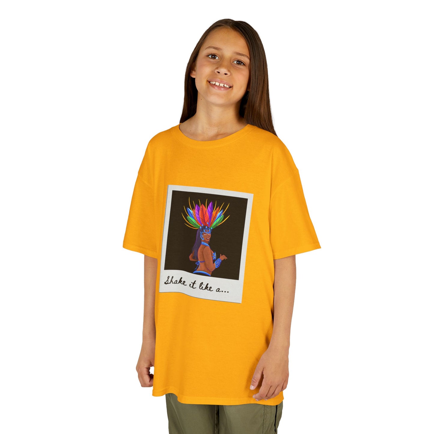 "Shake It Like a..." Youth Short Sleeve Tee – Carnival-Inspired Samba Dancer Graphic Dance Shirt for Kids