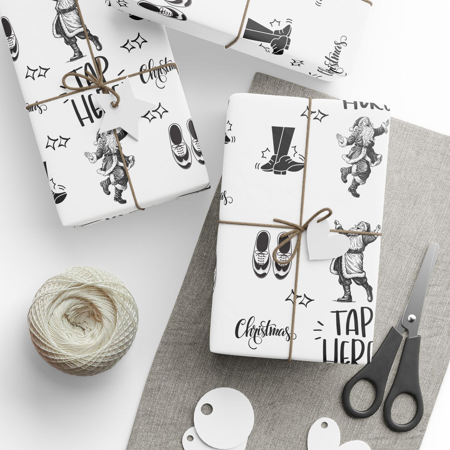 “Tap Here” Christmas Wrapping Paper – Fun Black & White Holiday Gift Wrap with Tap Shoes & Santa Design, Perfect for Tap Dancers & Dance Studios
