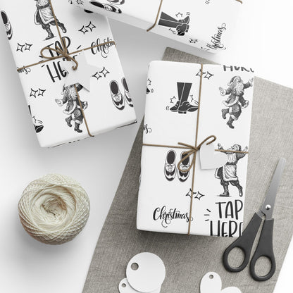 “Tap Here” Christmas Wrapping Paper – Fun Black & White Holiday Gift Wrap with Tap Shoes & Santa Design, Perfect for Tap Dancers & Dance Studios