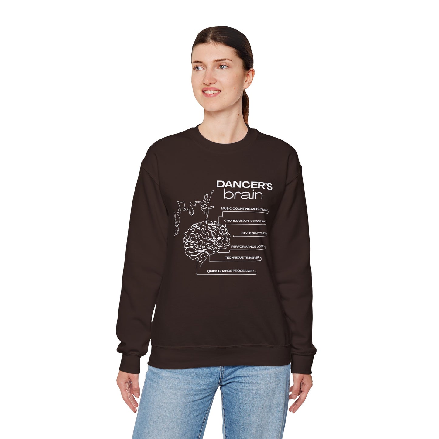“Dancer’s Brain” Funny Dance Anatomy Sweatshirt – Unisex Heavy Blend Crewneck with Optional Name or Studio Personalization