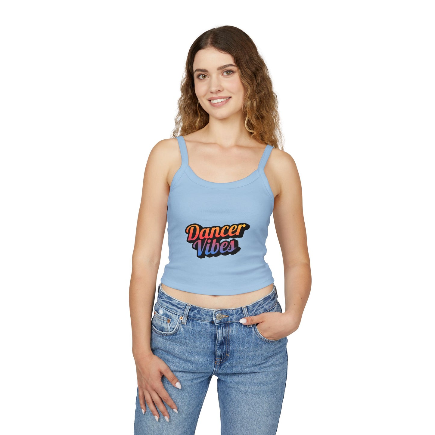 "Dancer Vibes" Women’s Spaghetti Strap Tank Top – Colorful Text Graphic | Fun Dance Lifestyle Shirt for Studio, Festivals & Everyday Style