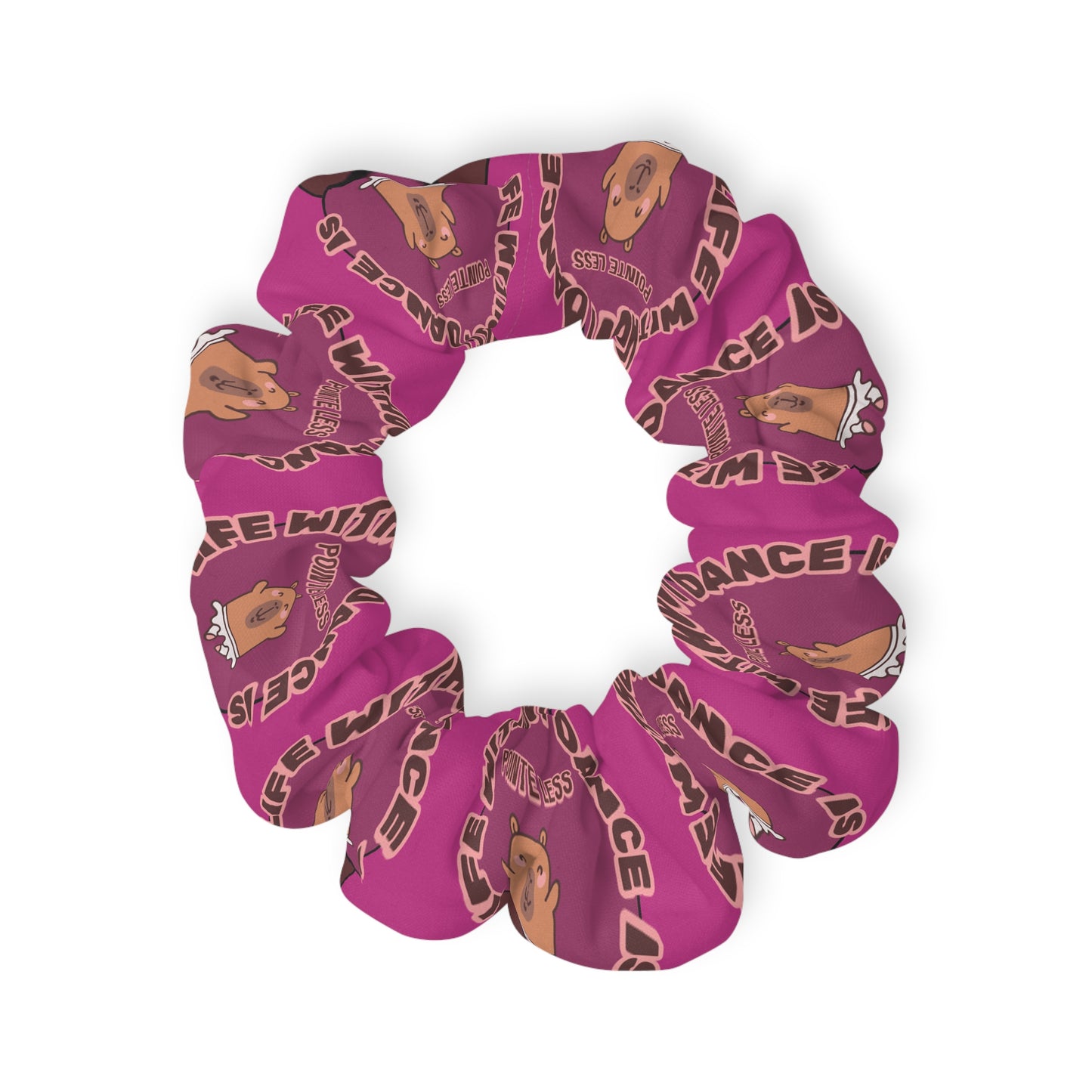 “Life Without Dance Is Pointeless” Scrunchie – Funny Ballet Pun Hair Accessory with Cute Dancing Capybara Graphic