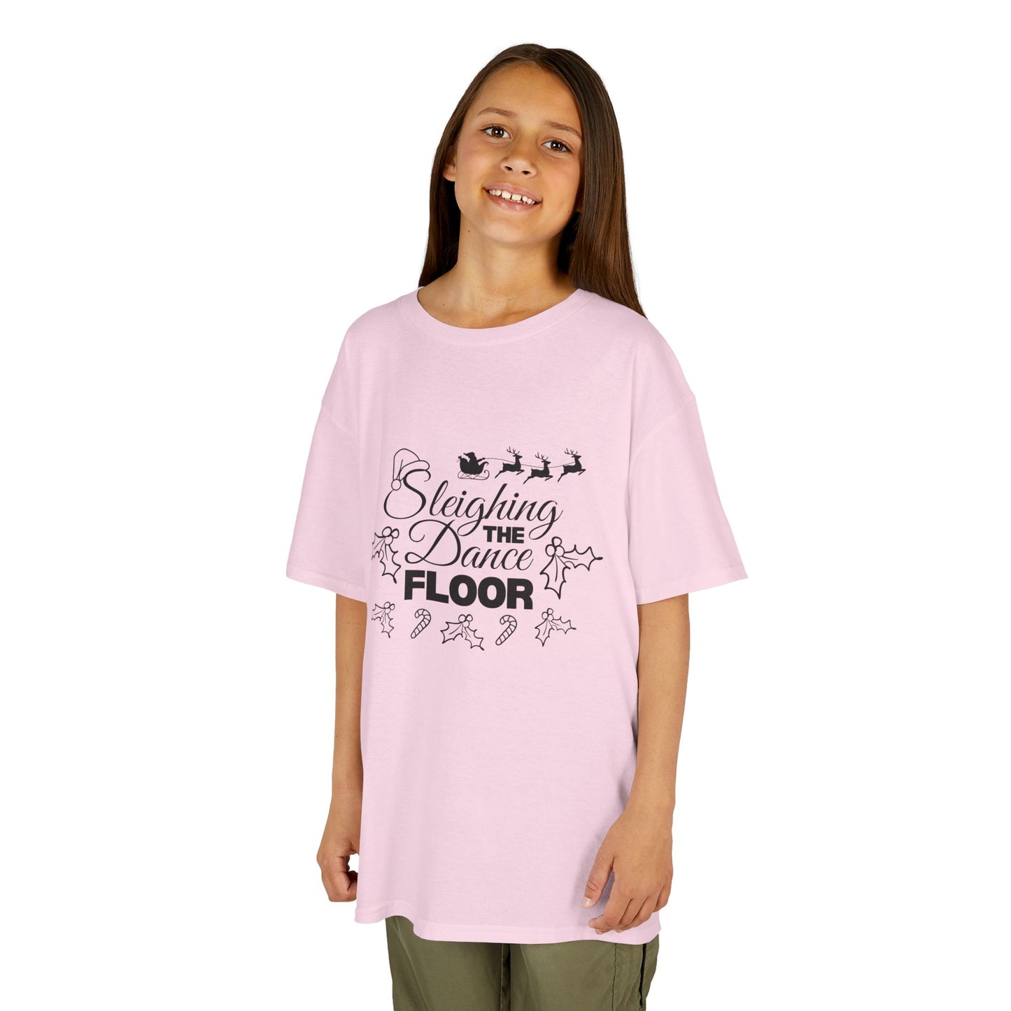 “Sleighing the Dance Floor” YOUTH TEE Short Sleeve with Santa’s Sleigh and Reindeer – Festive Christmas Dance Shirt for Kids and Young Dancers