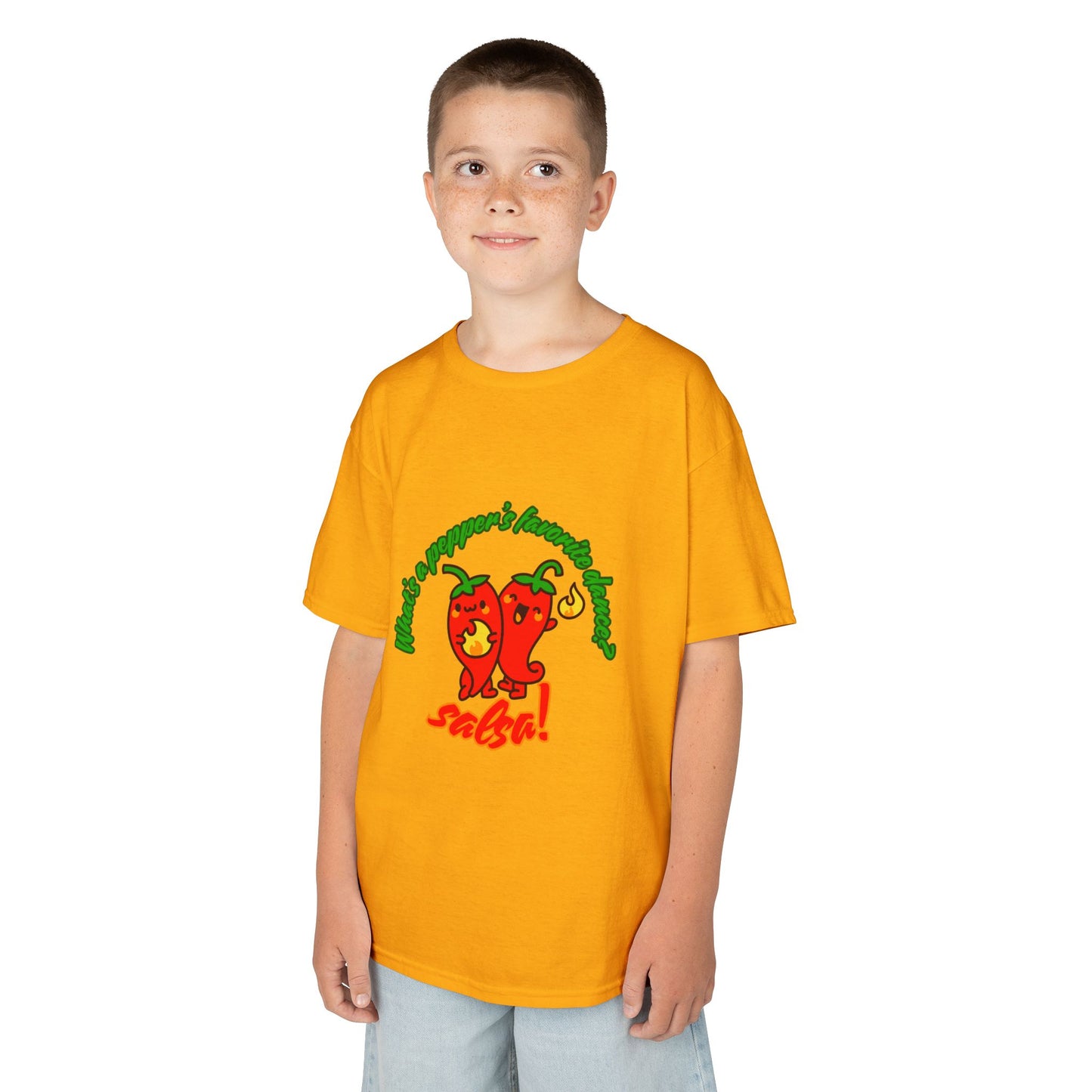 "What’s a Pepper’s Favorite Dance? Salsa!" Youth Short Sleeve Tee – Funny Dance Shirt with Cute Pepper Graphic for Kids