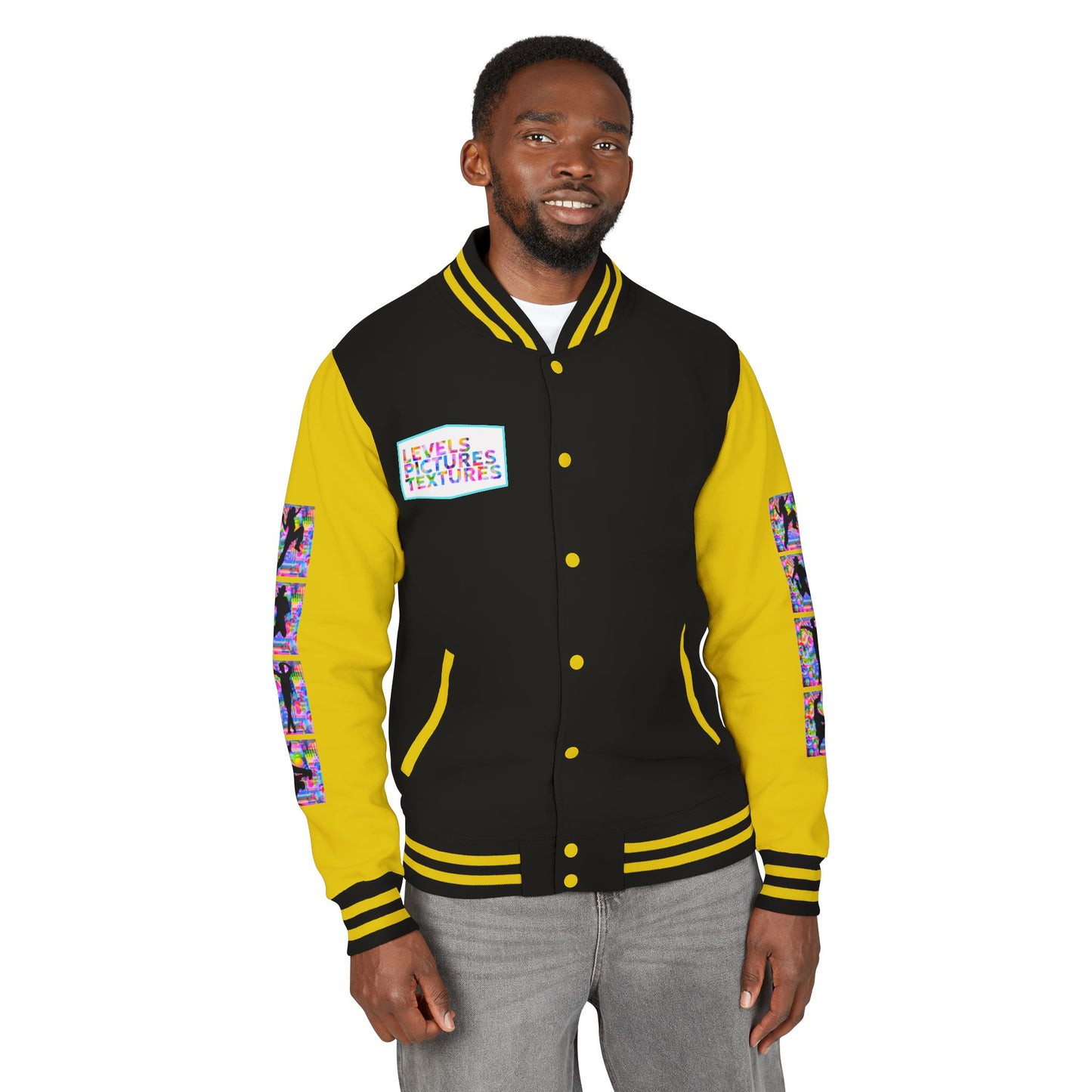 Levels Premium Collection Dance Letterman Jacket – Colorful Unisex Streetwear Varsity Jacket with "Levels Pictures Textures" Front and Dancer Silhouette Back Graphic