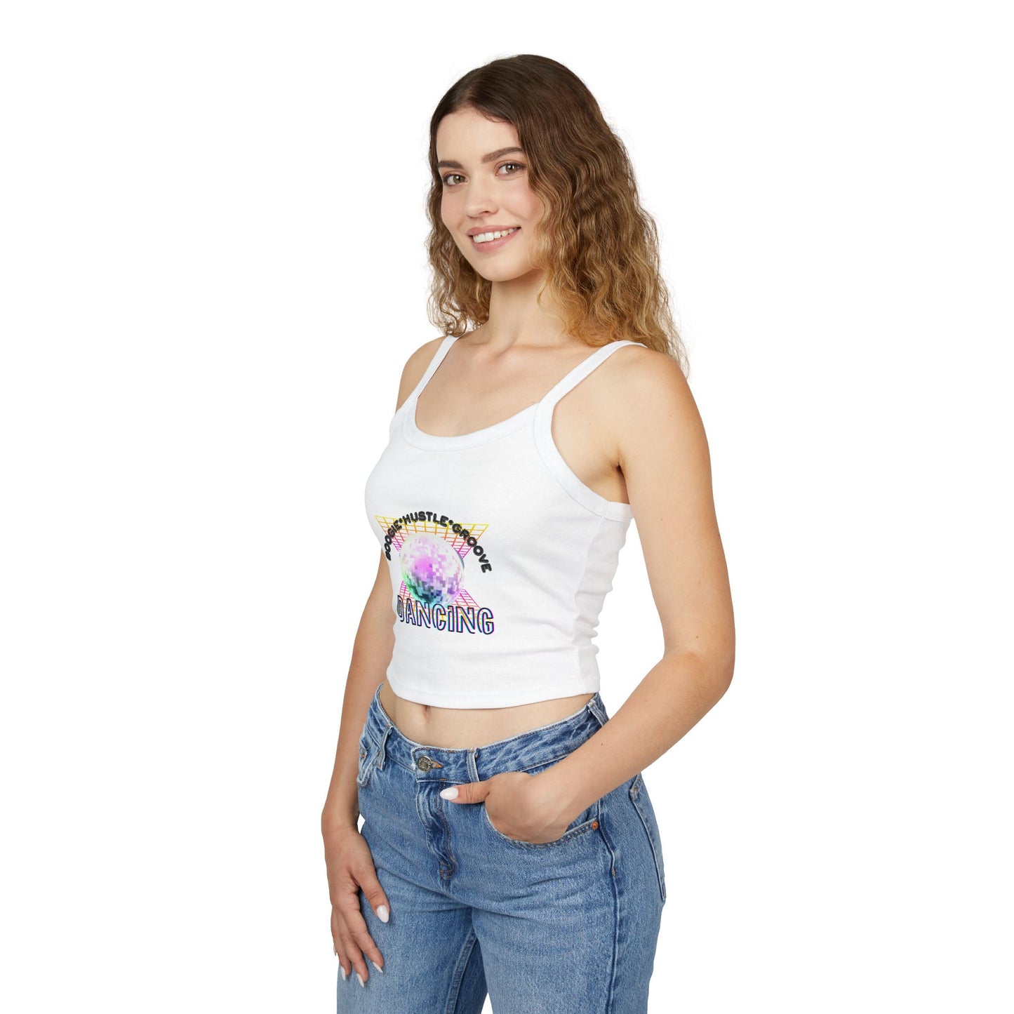 "Boogie, Hustle, Groove – Dancing" Women’s Spaghetti Strap Tank Top – Bold Retro Graphic | Fun 70s-Inspired Dancewear for Studio & Everyday Style