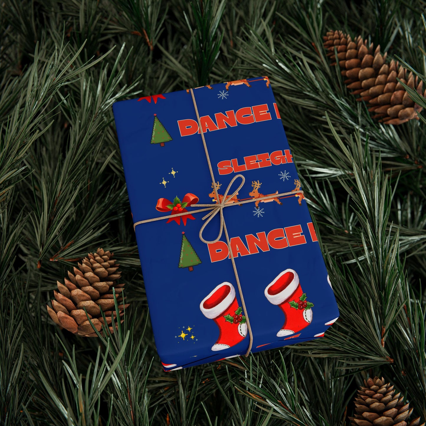 “Sleigh the Dance Floor” Christmas Wrapping Paper – Cute Retro Video Game–Style Holiday Gift Wrap for Dancers, Perfect for Dance Studios & Ballet Lovers