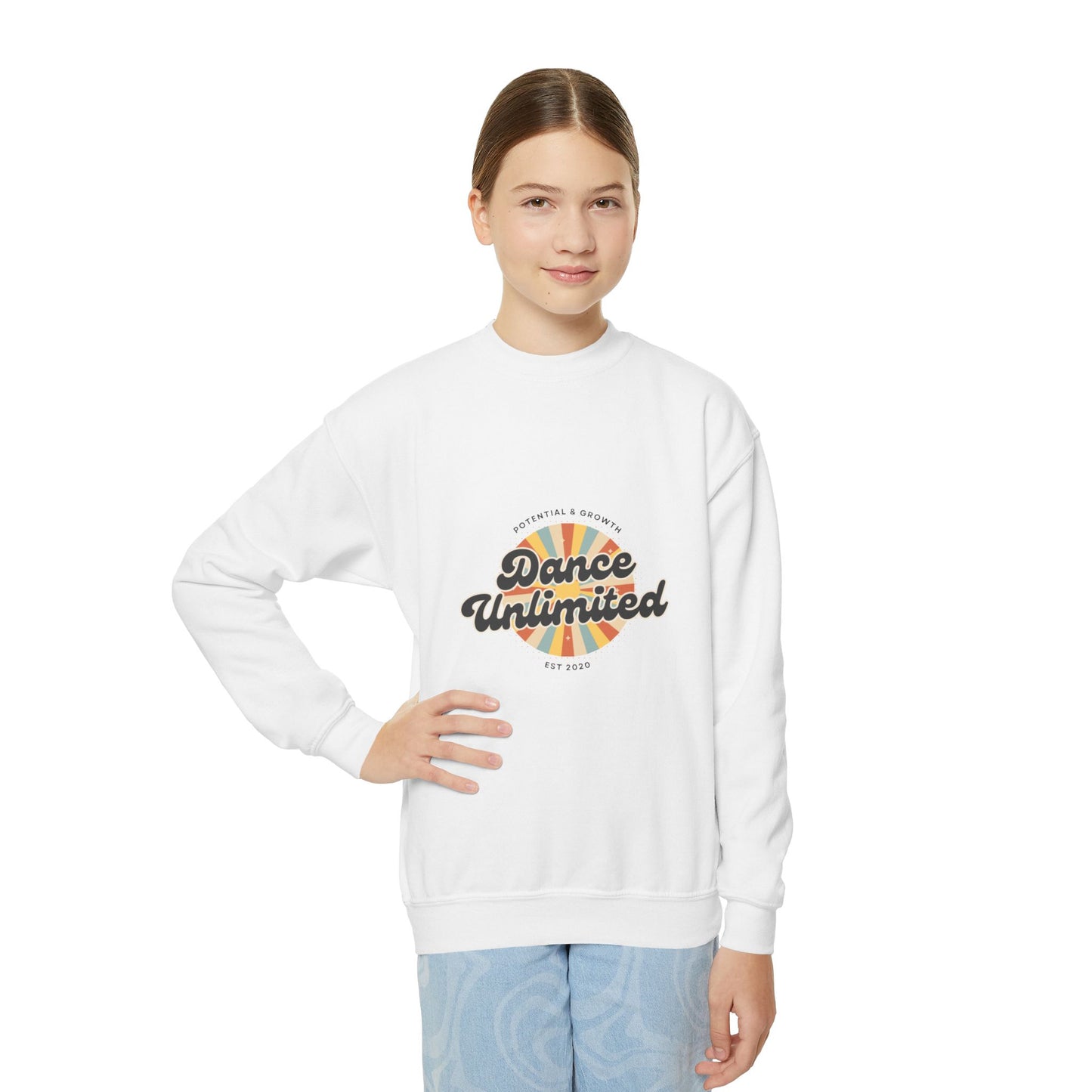 "Dance Unlimited - Potential & Growth" Youth Dance Unlimited Crewneck Sweatshirt – Retro Graphic | Motivational Dance Apparel for Kids