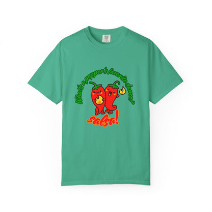 "What's a Pepper's Favorite Dance? Salsa!" Dance Pun Unisex Garment-Dyed T-Shirt – Funny Dance Joke Tee with Cute Pepper Graphic – Dance Humor Shirt for Food & Pun Lovers