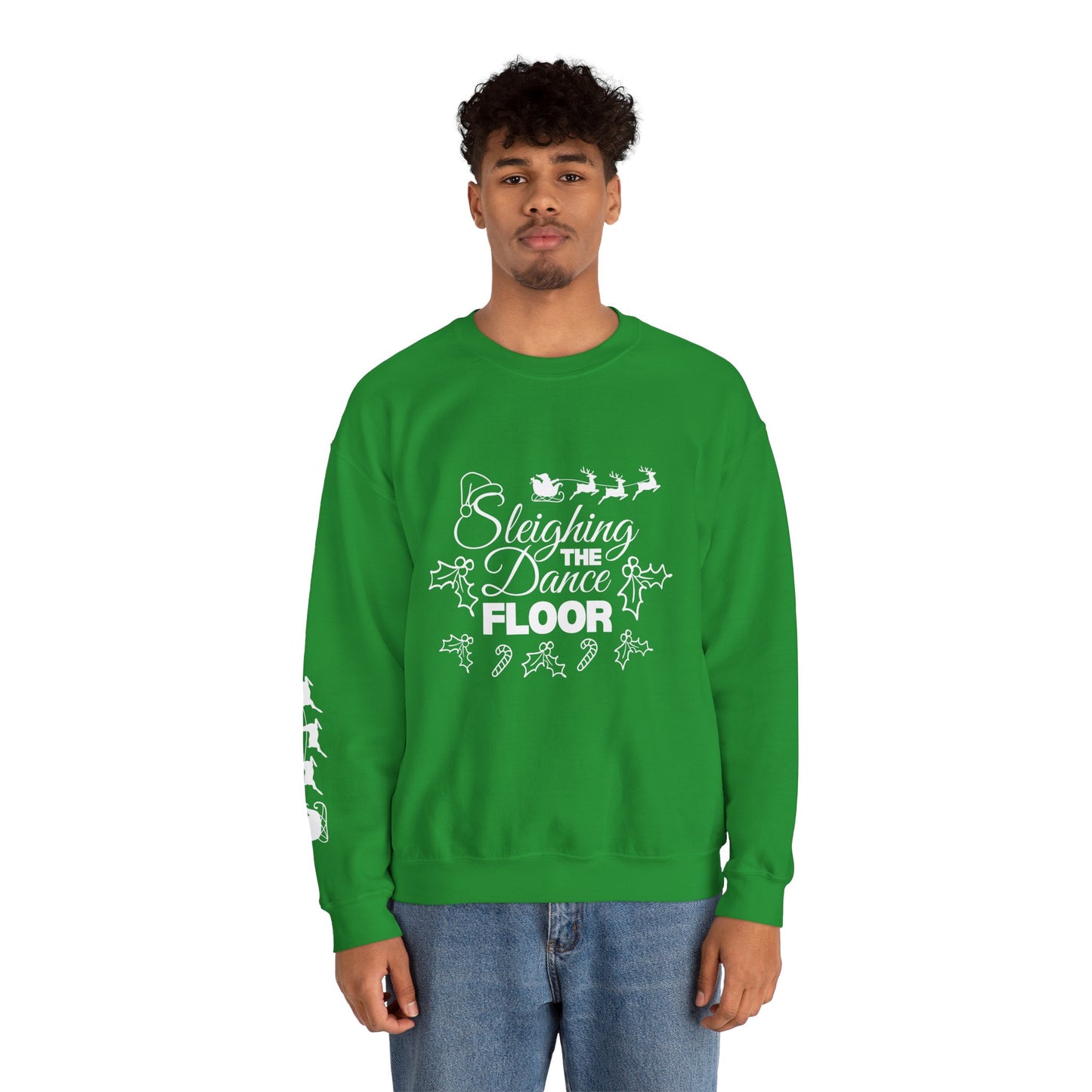 “Sleighing the Dance Floor” ADULT SWEATSHIRT Unisex Heavy Blend Crewneck – Festive Christmas Dance Sweatshirt with Santa’s Sleigh & Reindeer Arm Design, Perfect for Dancers & Studios