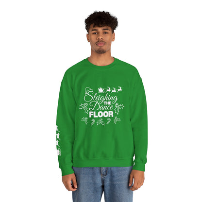“Sleighing the Dance Floor” ADULT SWEATSHIRT Unisex Heavy Blend Crewneck – Festive Christmas Dance Sweatshirt with Santa’s Sleigh & Reindeer Arm Design, Perfect for Dancers & Studios