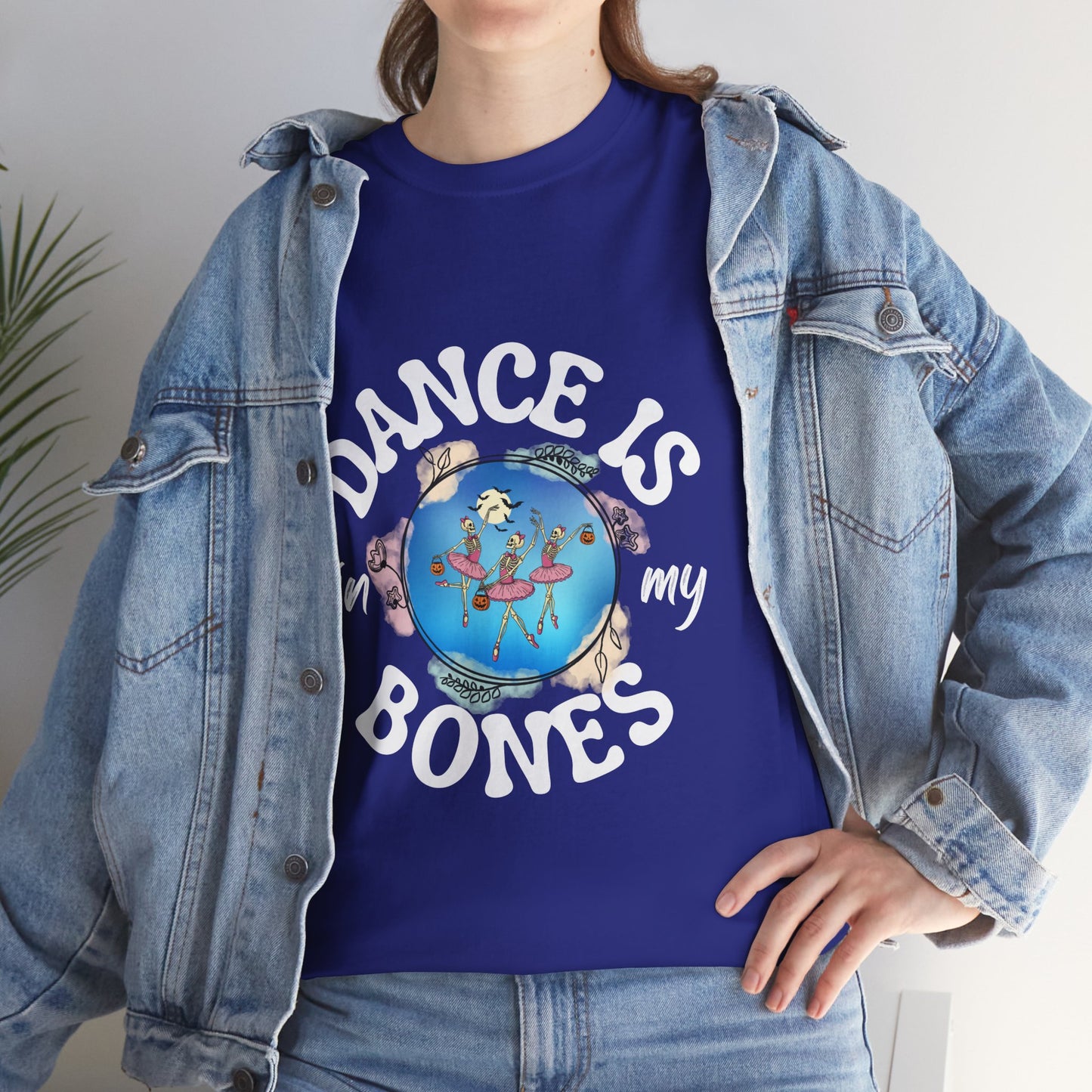 “Dance Is in My Bones” Halloween Dance T-Shirt with Dancing Skeletons Graphic - Unisex Heavy Cotton Tee