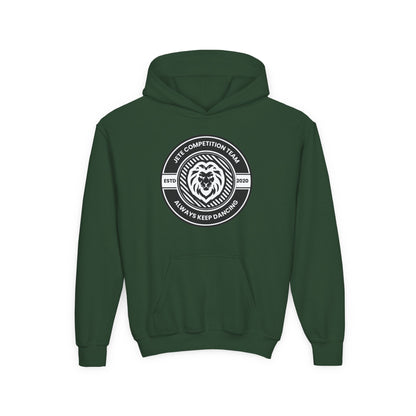 "Jeté Competition Team - Always Keep Dancing" Youth Hooded Sweatshirt – Bold Collegiate Emblem Dance Graphic Hoodie for Kids and Teens