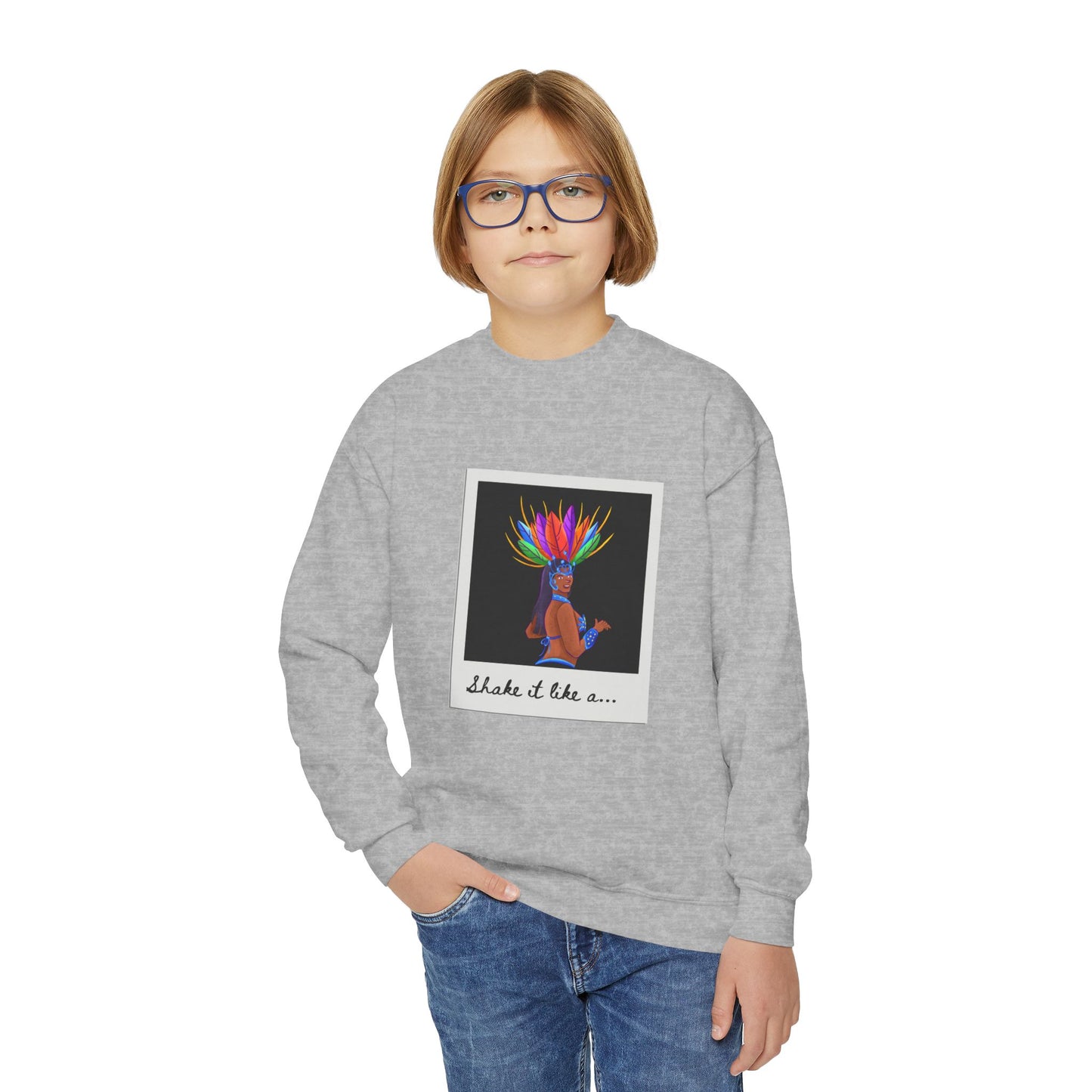 "Shake It Like a..." Youth Crewneck Sweatshirt – Carnival-Inspired Samba Dancer Graphic Pullover for Kids and Teens