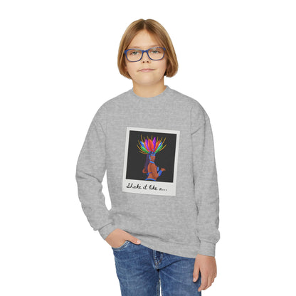 "Shake It Like a..." Youth Crewneck Sweatshirt – Carnival-Inspired Samba Dancer Graphic Pullover for Kids and Teens
