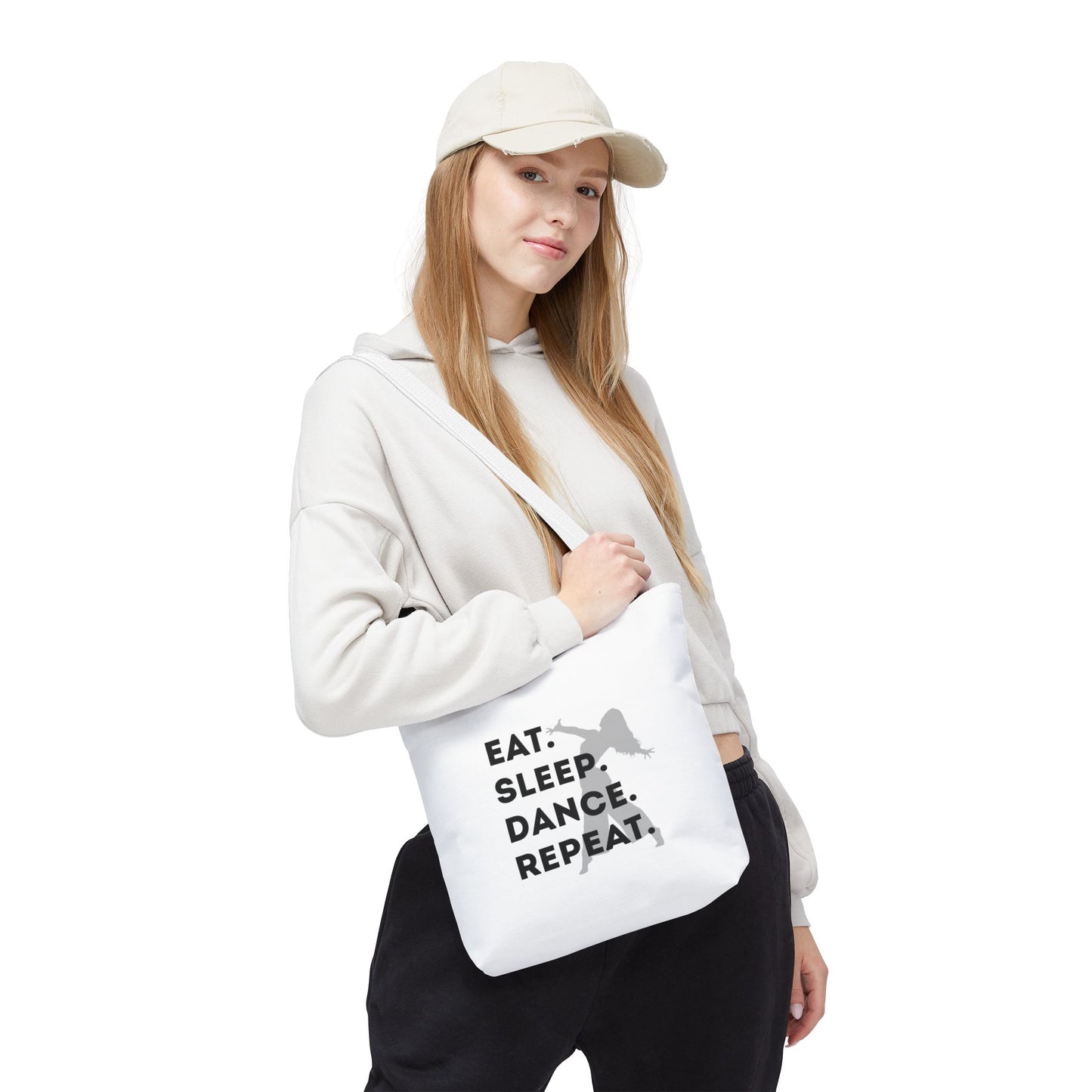 "Eat Sleep Dance Repeat" Canvas Tote Bag – Gray Dancer Silhouette Dance-Themed Reusable Shoulder Bag for Dancers, Studio, or Everyday Use