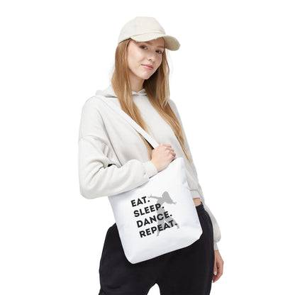"Eat Sleep Dance Repeat" Canvas Tote Bag – Gray Dancer Silhouette Dance-Themed Reusable Shoulder Bag for Dancers, Studio, or Everyday Use