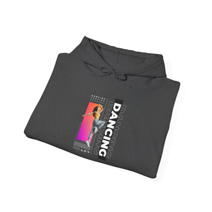 Dancing” Text with Streetwear-Style Female Dancer Graphic - Unisex Heavy Blend™ Hooded Sweatshirt – Cozy Dance Hoodie for Ballet & Hip-Hop Enthusiasts
