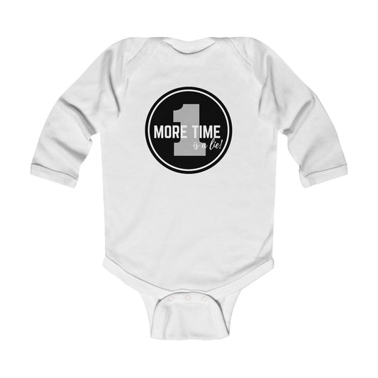 "One More Time is a Lie" Infant Long Sleeve Dance Bodysuit – Bold Emblem Graphic Baby Outfit
