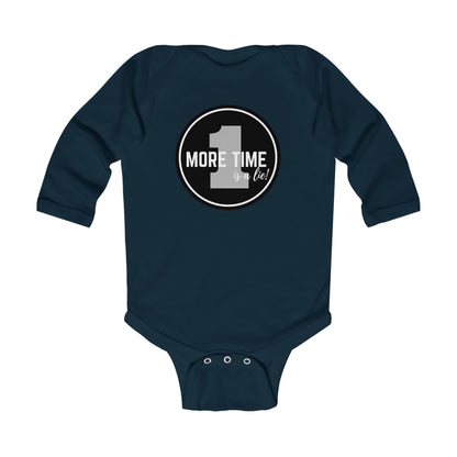 "One More Time is a Lie" Infant Long Sleeve Dance Bodysuit – Bold Emblem Graphic Baby Outfit