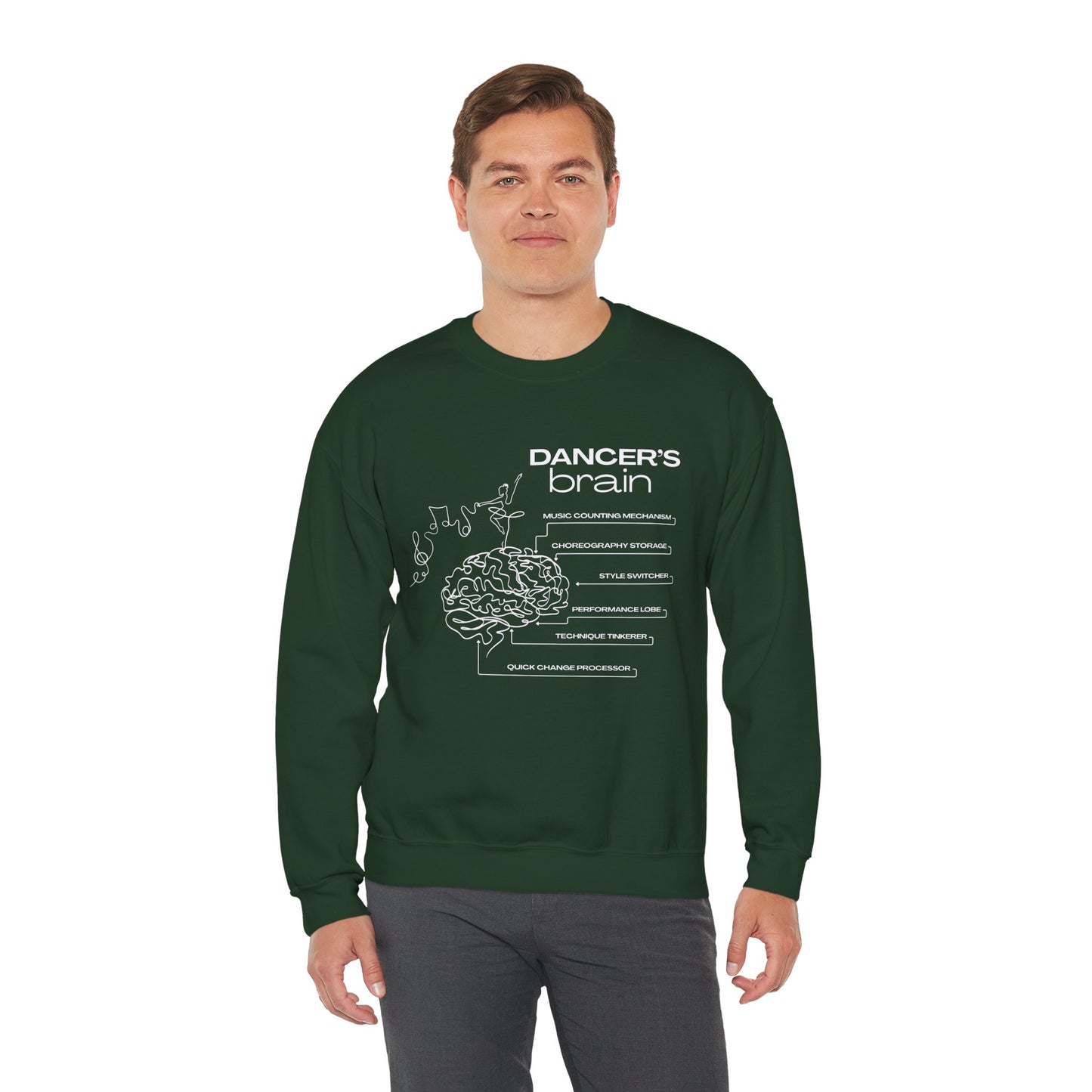 “Dancer’s Brain” Funny Dance Anatomy Sweatshirt – Unisex Heavy Blend Crewneck with Optional Name or Studio Personalization