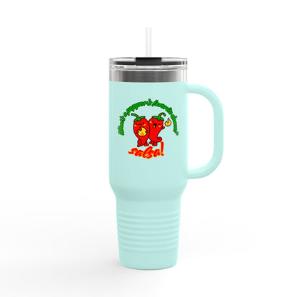 "What's a Pepper's Favorite Dance? Salsa." Funny Dance Quote 40oz Insulated Travel Mug – Bold Pepper Graphic Stainless Steel Tumbler
