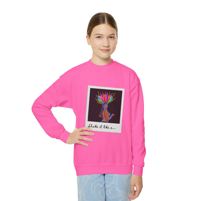 "Shake It Like a..." Youth Crewneck Sweatshirt – Carnival-Inspired Samba Dancer Graphic Pullover for Kids and Teens