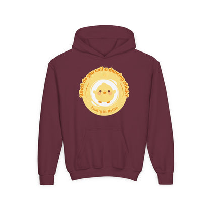 "What do you call a dancing chick? Poultry in Motion." Youth Hooded Sweatshirt – Funny Dancing Chick Pun Graphic Hoodie for Kids and Teens