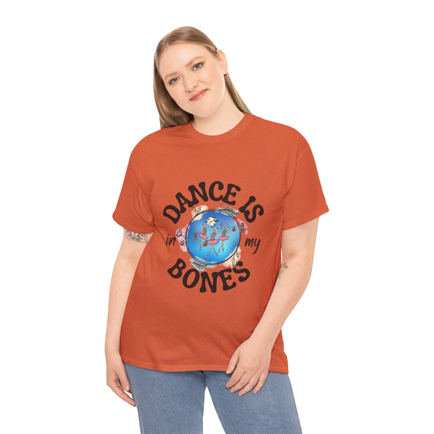 “Dance Is in My Bones” Halloween Dance T-Shirt with Dancing Skeletons Graphic - Unisex Heavy Cotton Tee