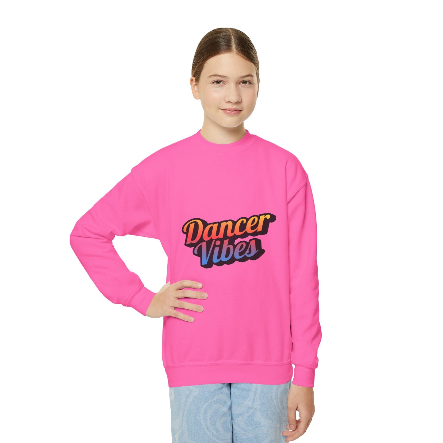 "Dancer Vibes" Youth Crewneck Sweatshirt – Colorful Text-Based Dance Graphic Pullover for Kids and Teens