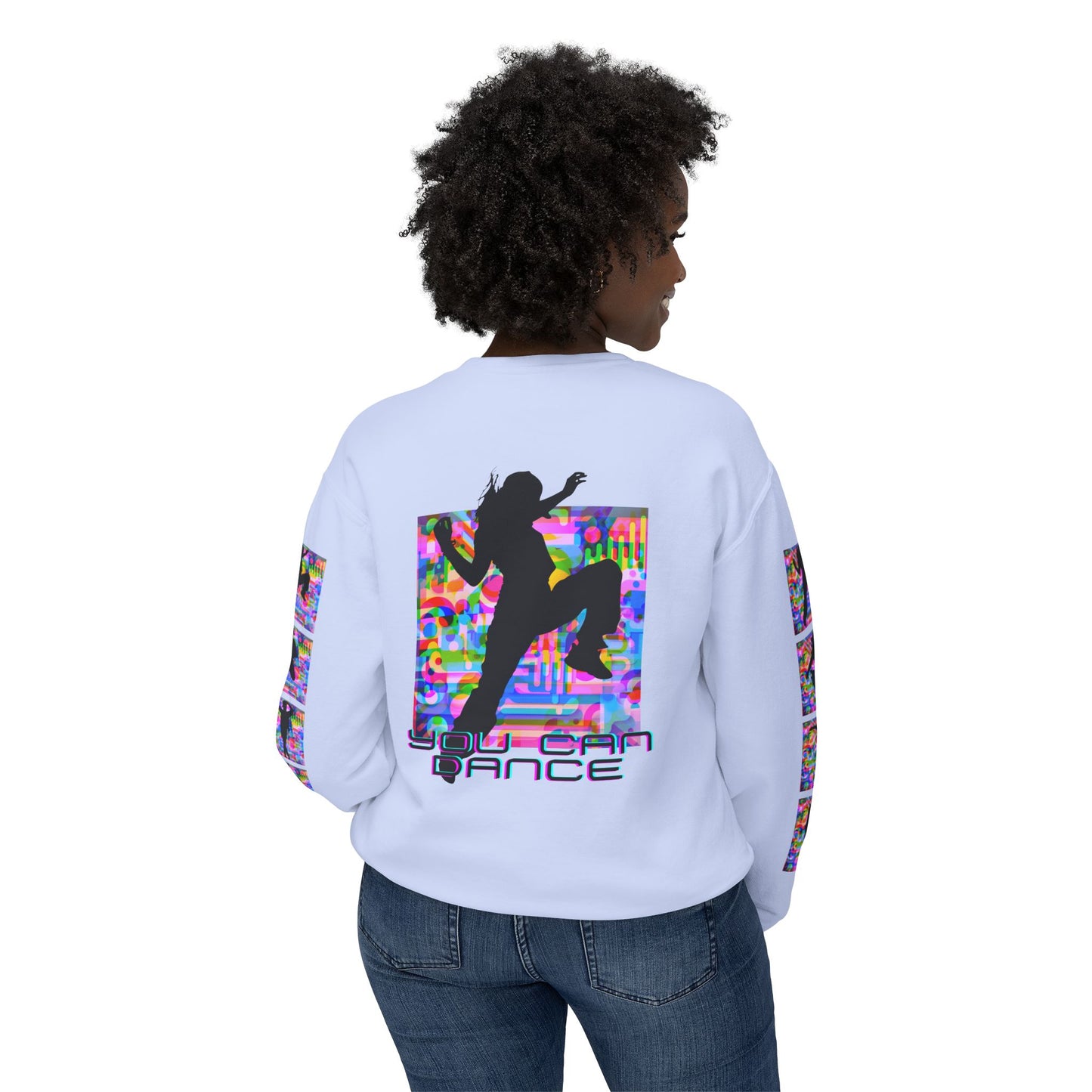 Levels Premium Collection Dance Crewneck Sweatshirt – Vibrant Unisex Streetwear Pullover with "Levels Pictures Textures" Front Text and Dancer Silhouettes on Sleeves