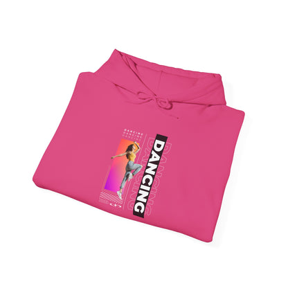 Dancing” Text with Streetwear-Style Female Dancer Graphic - Unisex Heavy Blend™ Hooded Sweatshirt – Cozy Dance Hoodie for Ballet & Hip-Hop Enthusiasts