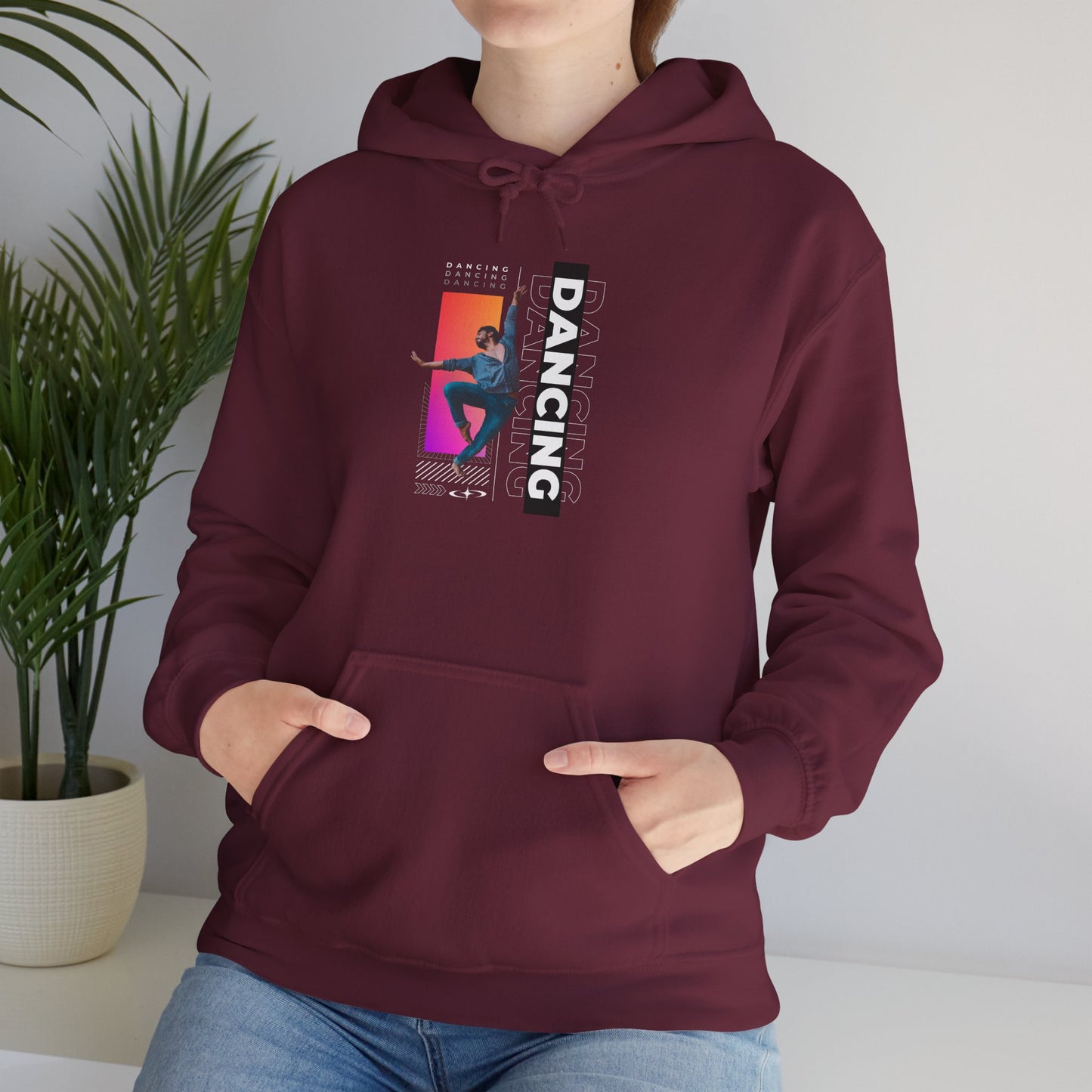 “Dancing” Text with Streetwear-Style Male Dancer Graphic – Unisex Heavy Blend™ Hooded Sweatshirt – Cozy Dance Hoodie for Performers & Dance Enthusiasts