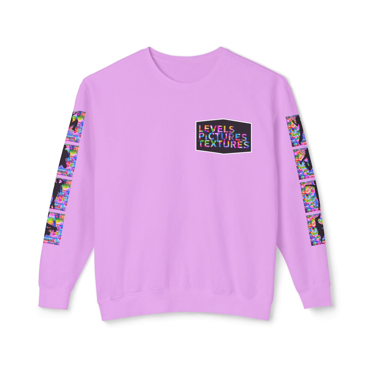 Levels Premium Collection Dance Crewneck Sweatshirt – Vibrant Unisex Streetwear Pullover with "Levels Pictures Textures" Front Text and Dancer Silhouettes on Sleeves