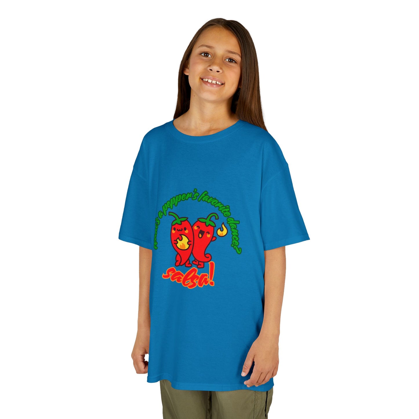 "What’s a Pepper’s Favorite Dance? Salsa!" Youth Short Sleeve Tee – Funny Dance Shirt with Cute Pepper Graphic for Kids