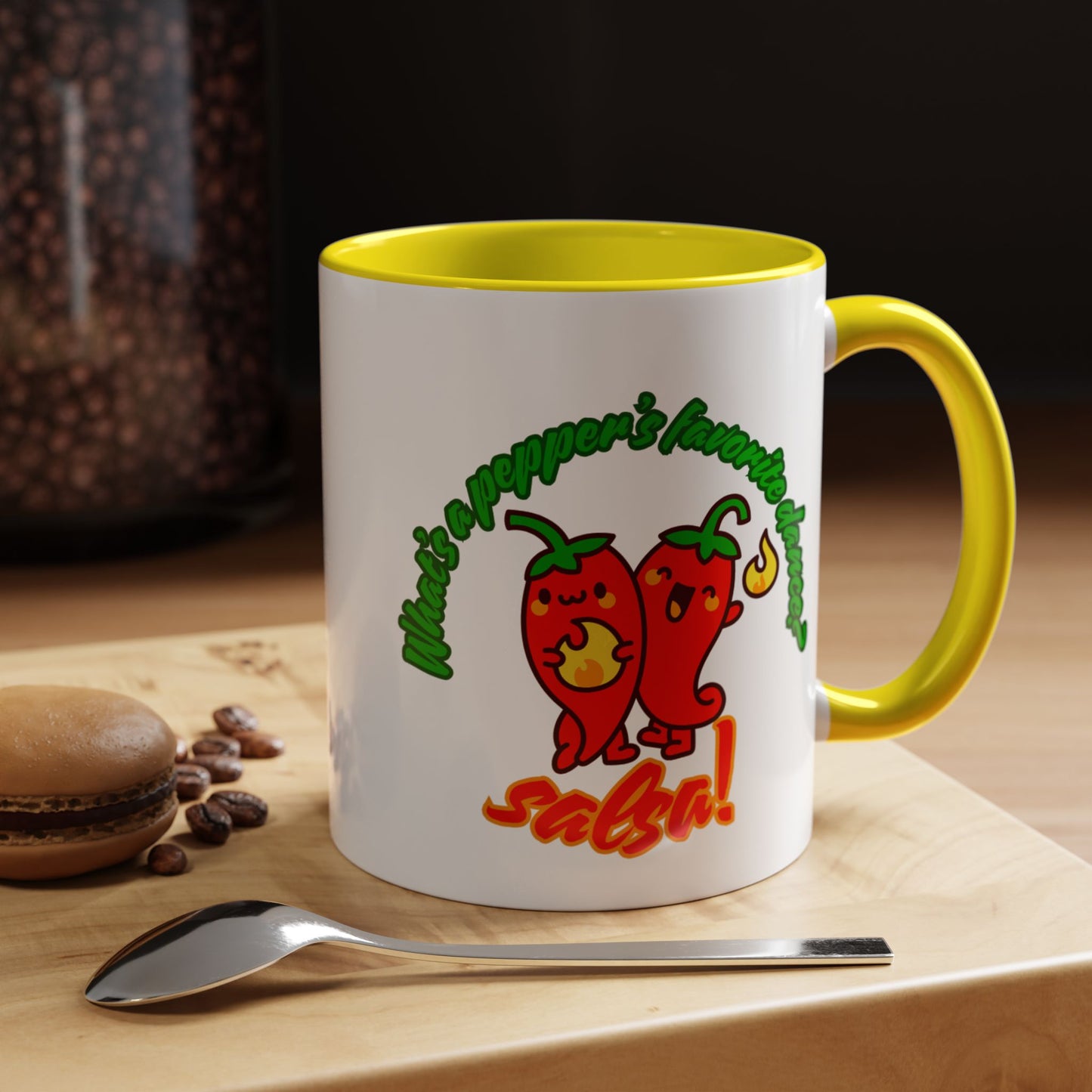 "What's a Pepper's Favorite Dance? Salsa." Accent Coffee Mug – Funny Dance Pun Ceramic Mug for Dancers and Food Lovers