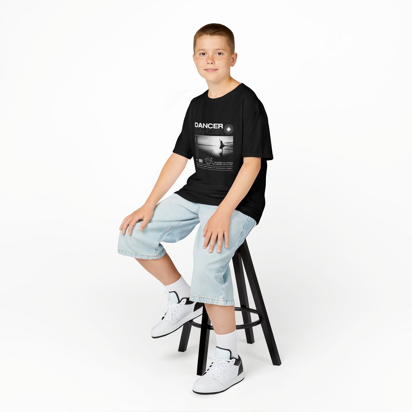 "Dancer" Arabesque on the Beach – Youth Short Sleeve Dance Tee in Streetwear-Inspired Style