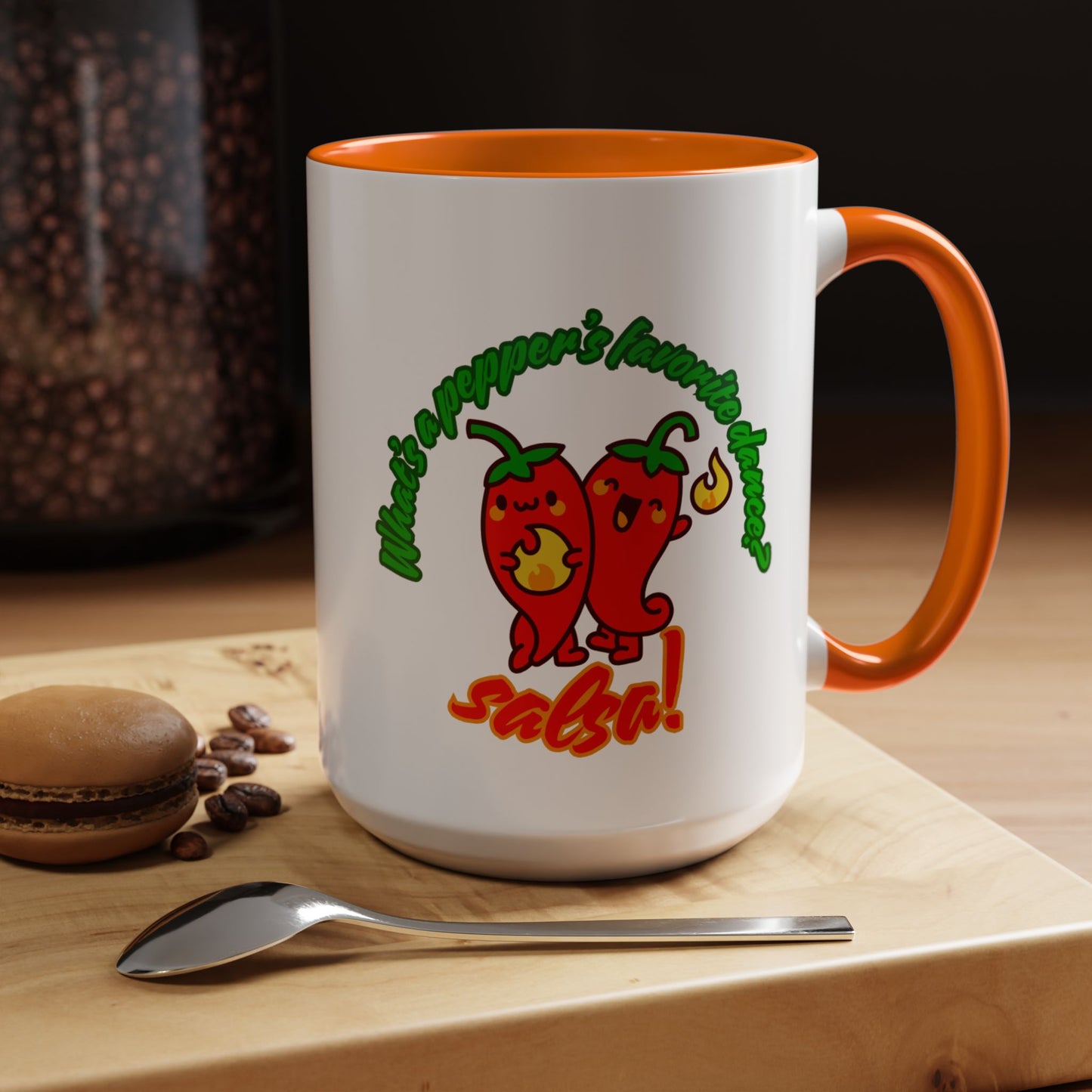 "What's a Pepper's Favorite Dance? Salsa." Accent Coffee Mug – Funny Dance Pun Ceramic Mug for Dancers and Food Lovers