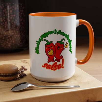 "What's a Pepper's Favorite Dance? Salsa." Accent Coffee Mug – Funny Dance Pun Ceramic Mug for Dancers and Food Lovers