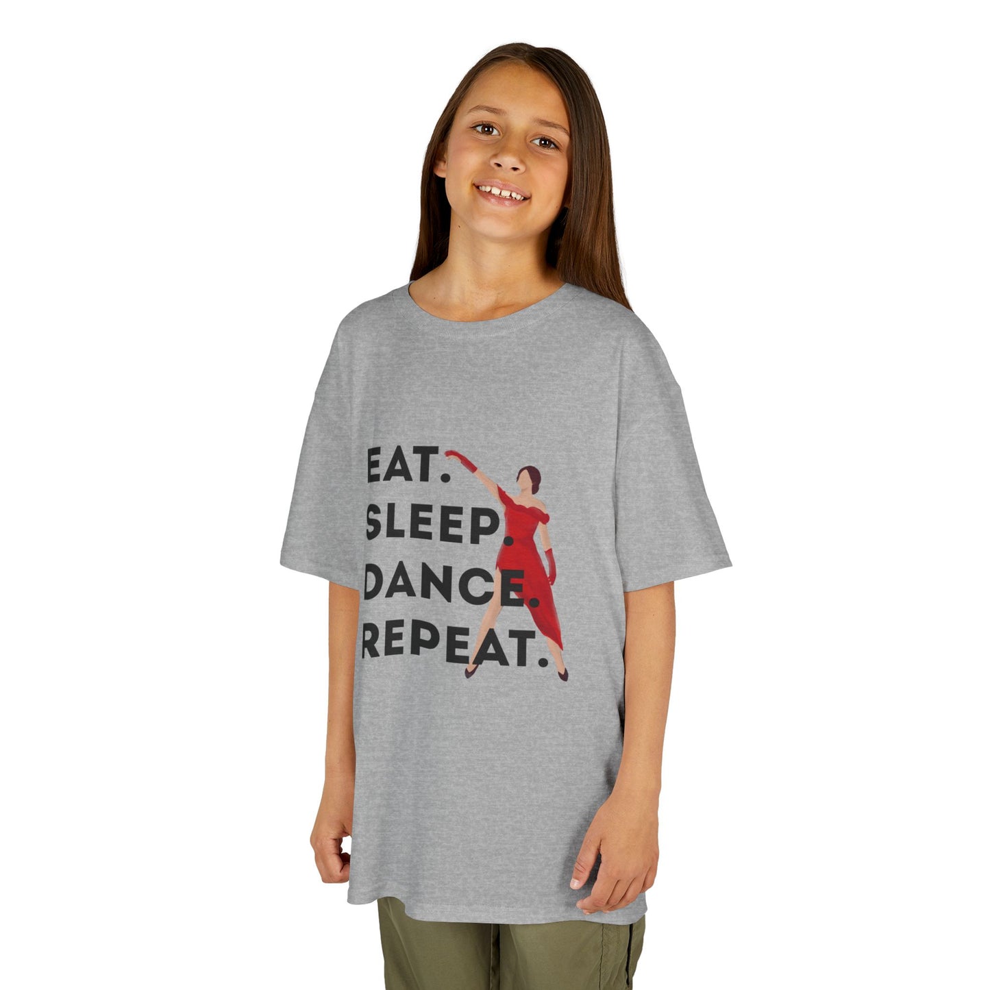 "Eat Sleep Dance Repeat” Youth Short Sleeve Tee – Bold Dancer Graphic Dance Shirt for Kids and Young Performers