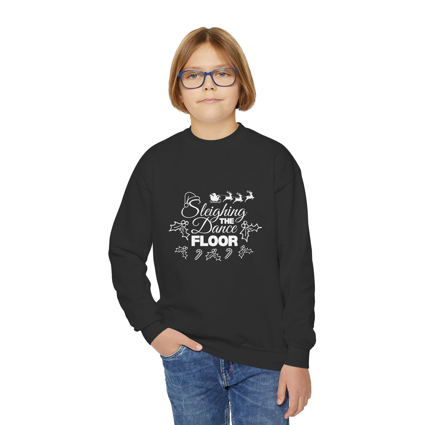 “Sleighing the Dance Floor” YOUTH SWEATSHIRT  Crewneck with Santa’s Sleigh and Reindeer – Festive Christmas Dance Sweatshirt for Kids and Young Dancers