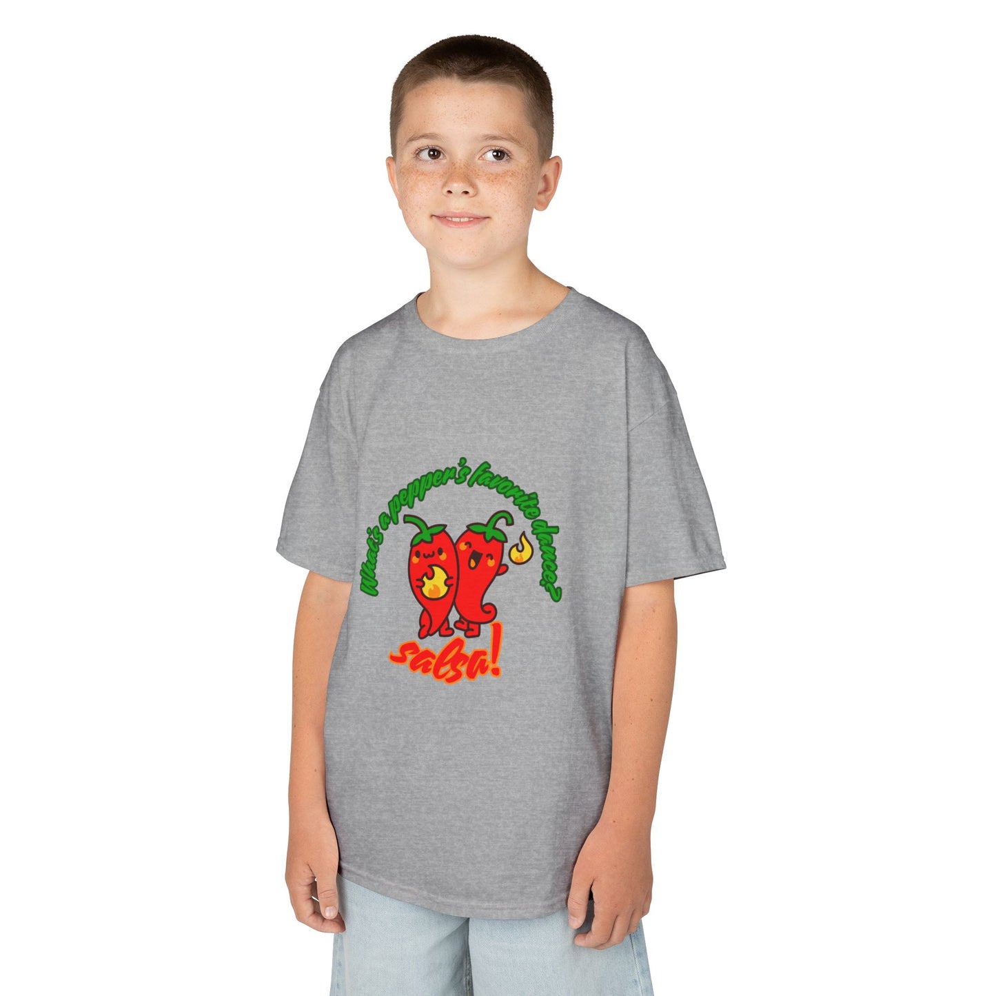 "What’s a Pepper’s Favorite Dance? Salsa!" Youth Short Sleeve Tee – Funny Dance Shirt with Cute Pepper Graphic for Kids