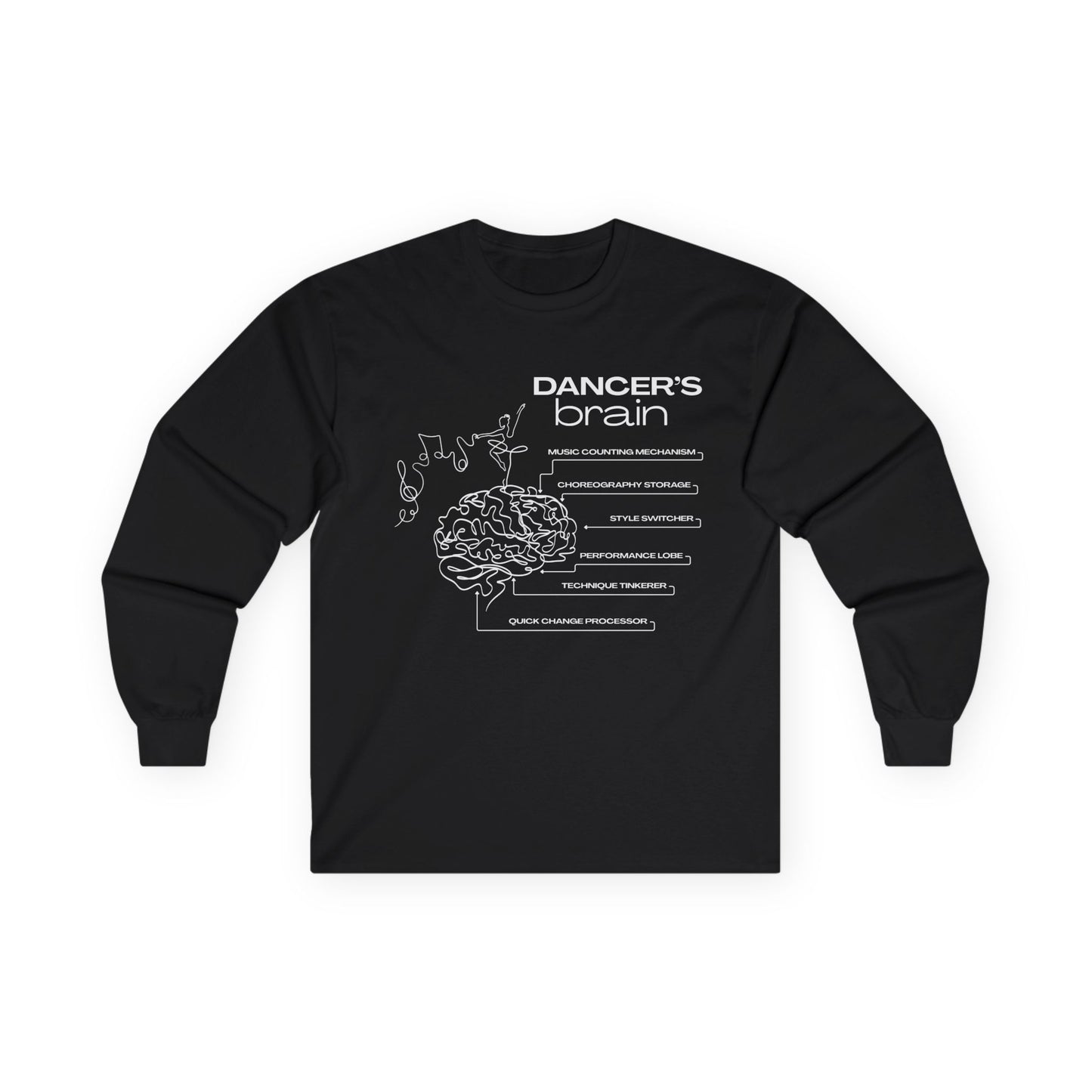 “Dancer’s Brain” Unisex Long Sleeve Tee – Funny Ballet & Dance Graphic Shirt with Labeled Brain Design + Optional Name or Studio Personalization