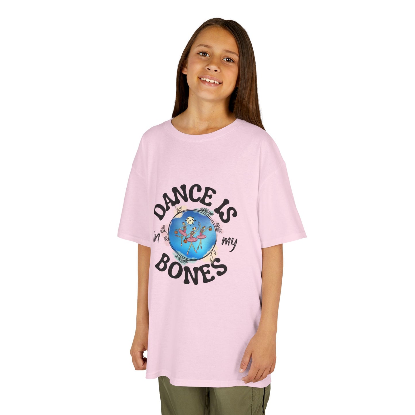 "Dance Is in My Bones” Halloween Dance T-Shirt with Dancing Skeletons Graphic - Kids Heavy Cotton™ Tee
