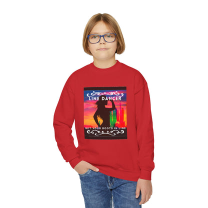 "Line Dancer, Get Your Boots in Line!" Youth Crewneck Sweatshirt – Western-Inspired Dance Graphic – Country Dance Pullover for Kids